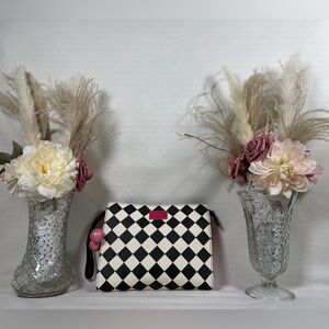 EUC Betsey Johnson Black and White Checkered Clutch With Floral Lining